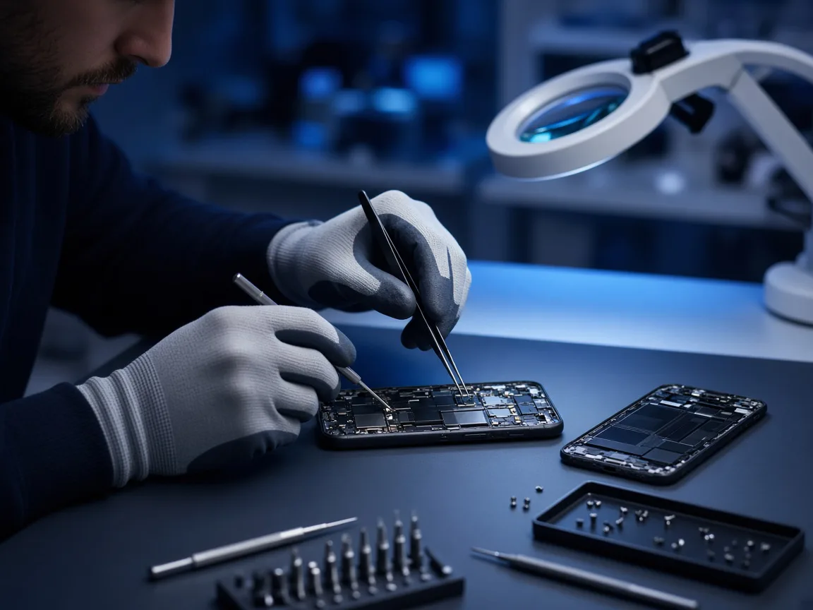 Teknik servis uzmanı mikro cerrahi hassasiyetinde telefon tamiri yapıyor